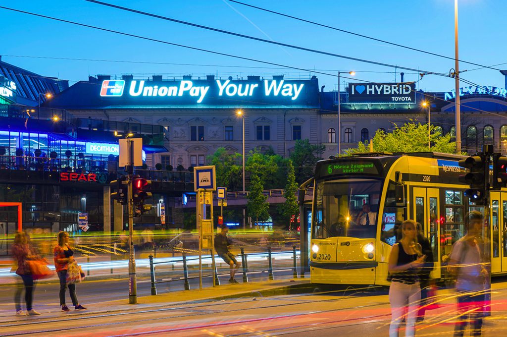 Illuminated advertising for Union Pay in Hungary