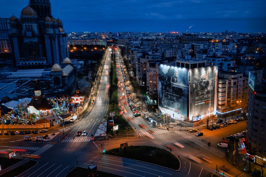 Advertising banner during renovation work for Netflix in Bucharest, Romania