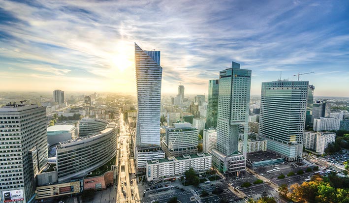 Aerial view of Warsaw in Poland - DEFI Group Poland subsidiaries