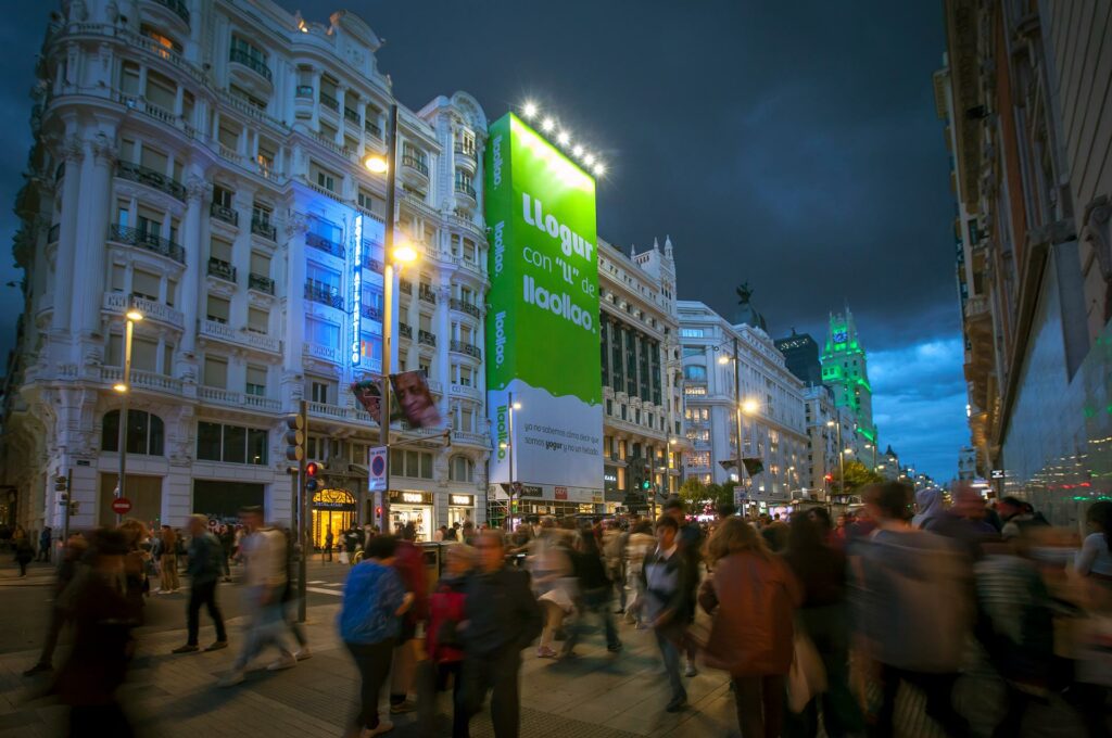 Advertising event banner for llaollao on Gran Via, Madrid in Spain