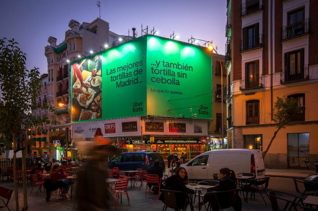 Outdoor advertising campaign in Madrid for Uber eats in November 2022