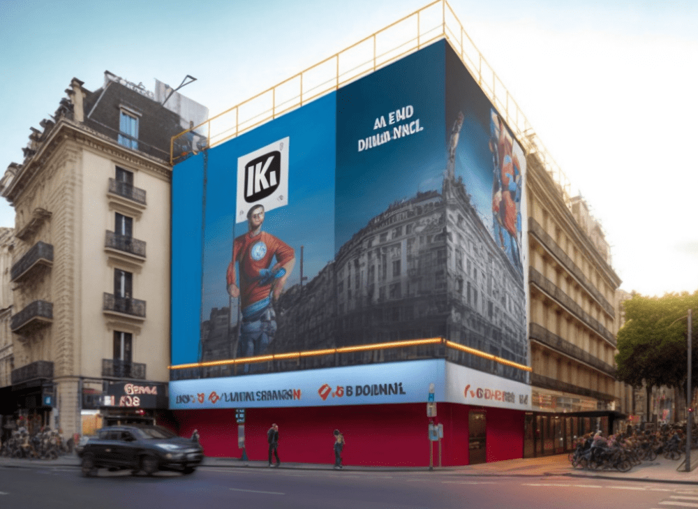 Non-compliant illustration of a large-format XXL banner on scaffolding