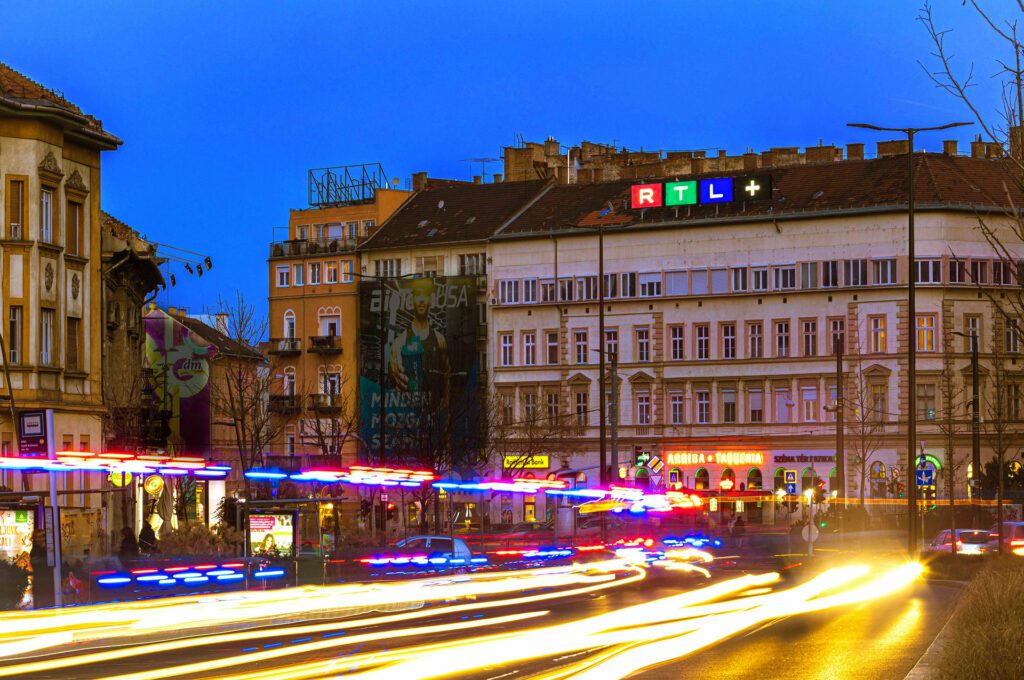 Illuminated advertising for RTL in Budapest, Hungary