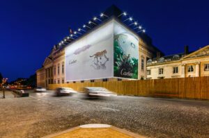 Advertising banner for Cartier, on Ecole Militaire, in Paris. July 2023