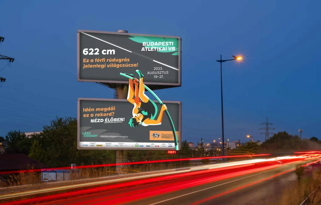 Publicité grand format pour Atletika sur route de l'aéroport Budapest avec déformatage