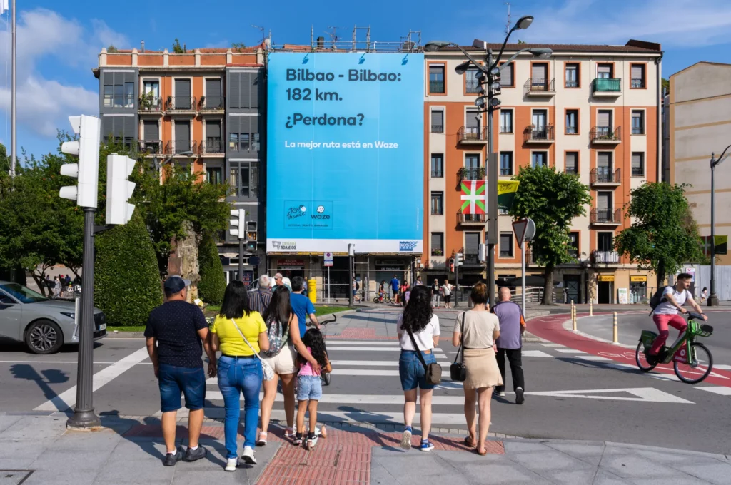 Giant advertising banner for Waze on the occasion of the Tour de France 2023, in Bilbao Spain
