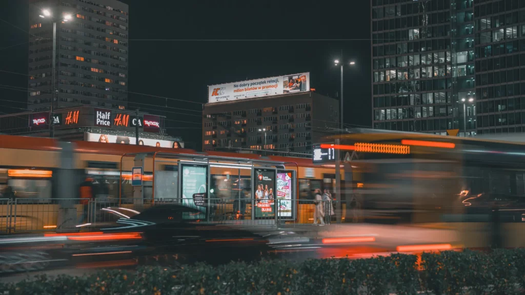 Night view of the PKP Intercity campaign in Warsaw, Poland